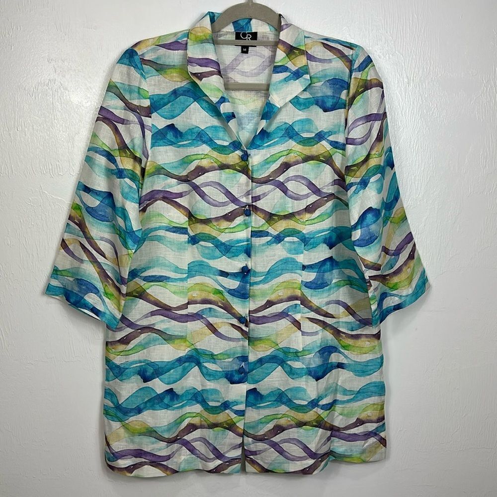 Connie Roberson Patterned Watercolor Button Down Shirt Tunic Size M